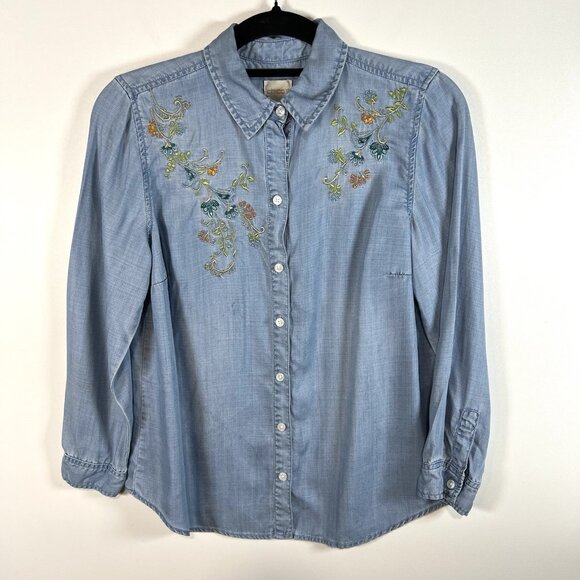 Chicos 0 Blouse Top Women’s S Blue Button Up Embroidered Floral Western Boho - Picture 1 of 10